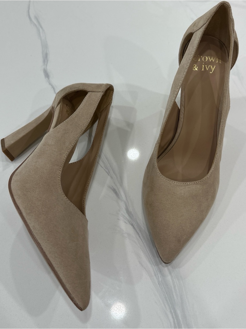crown & ivy Taupe faux Suede Pointed cut out block heels
